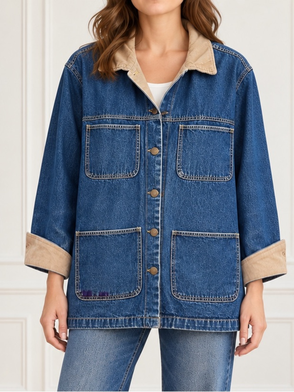 Vintage Bill Blass Jeans Denim Chore Jacket XL Corduroy Collar Barn Workwear - Picture 7 of 14